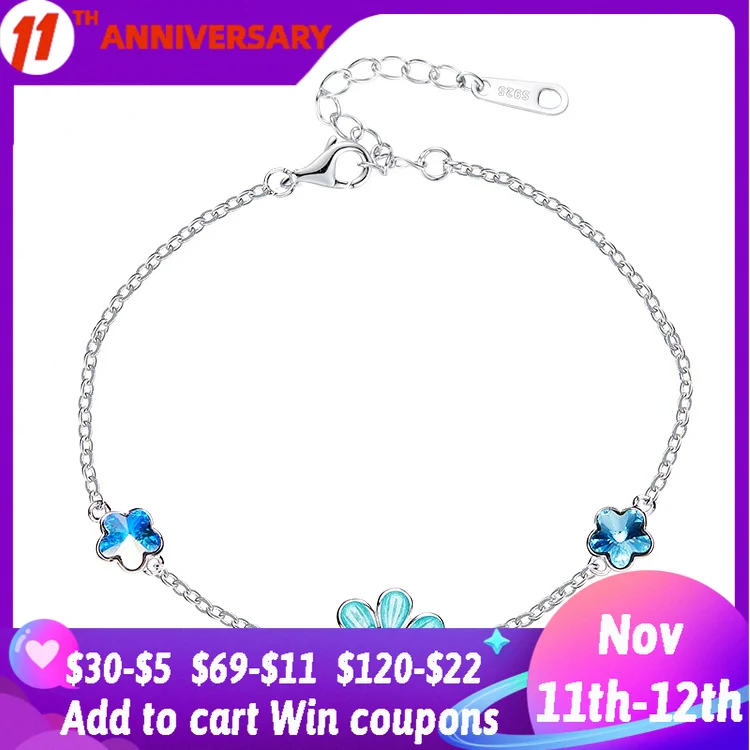 

925 Sterling Silver Small Flower Bracelet Link Chain Enamel Luxury Flower Enamel Bracelet for Women DIY Party Jewelry Gift