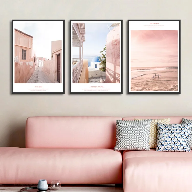 

Pink Landscape Canvas Painting Hanging Wall Art Seaside Sky Ferris Wheel Poster Decor Pictures For Living Room