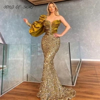 luxurious golden mermaid women evening dresses one puss sleeves bling sequins celebration party gown robe de soir%c3%a9e femme