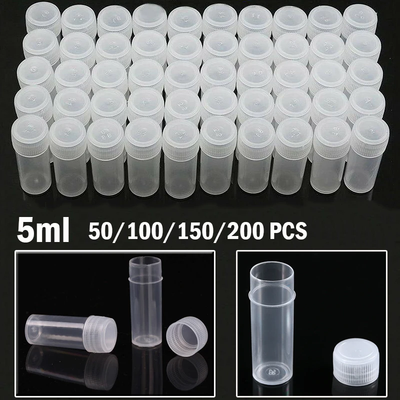 50-200 PCS  5ML Mini Flat-Bottomed Plastic Clear Test Tubes With Screw Caps Cosmetic Travel Lotion Storage Containers