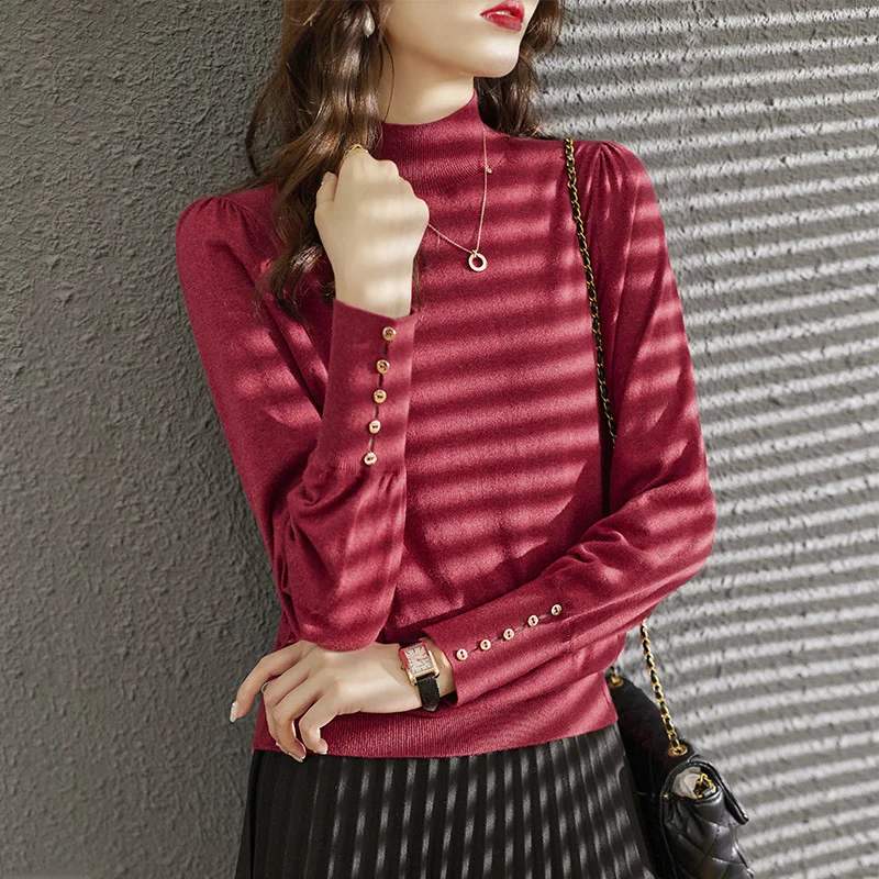 

Вязаный свитер, новинка осень-зима, женская рубашка с полувысоким воротником, Топ с длинным рукавом, пуловер с пышными рукавами, свитер