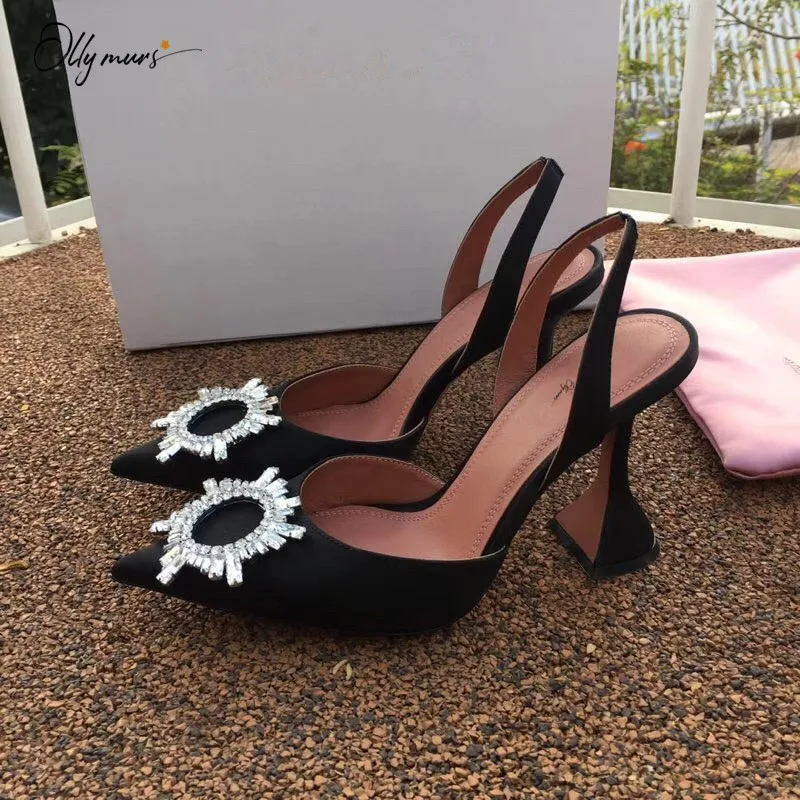 

OllyMurs Black Real Leather Women Summer Sandals Pointed Toe Slip On Crystal Thin High Heel Ladies Sandals Party Shoes Woman