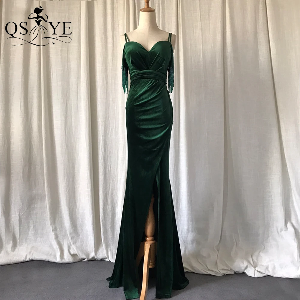 

Emerald Green Velvet Evening Dresses Beadings Long Mermaid Party Dress Sexy V Neck Dropping Beads Formal Gown 2021