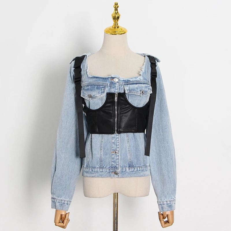 

TWOTWINSTYLE Casual Two Piece Set For Women Square Collar Long Sleeve Denim Jacket Solid Short Tank Tops Female Sets Spring