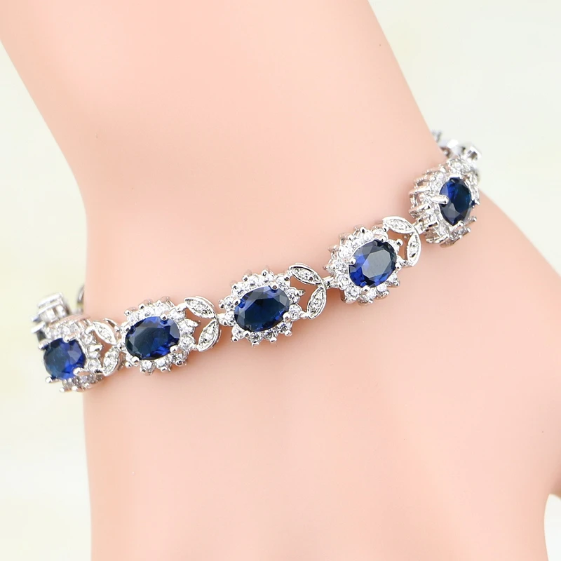 

Bowknot 925 Sterling Silver Bracelets Blue Cubic Zirconia White Crystal Chain&Link Charm Bracelets For Women