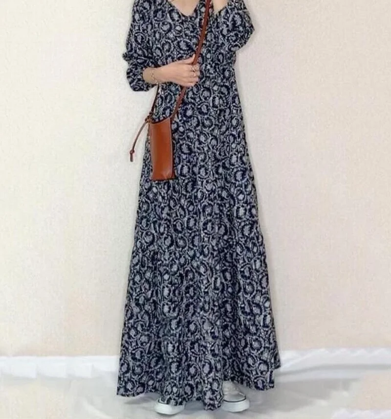 

Japanese Long Over-the-knee Dress 2021 New Style V-neck Printed Pleated Retro Elegant Floral Dress Maxi Dresses for Women