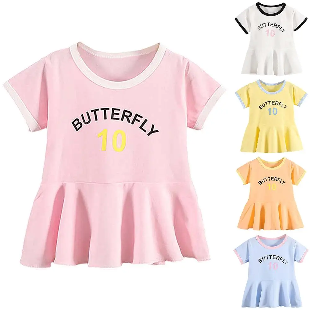 

Letter Printed Girls Crew Neck Patchwork Children Mini Swing Dresses