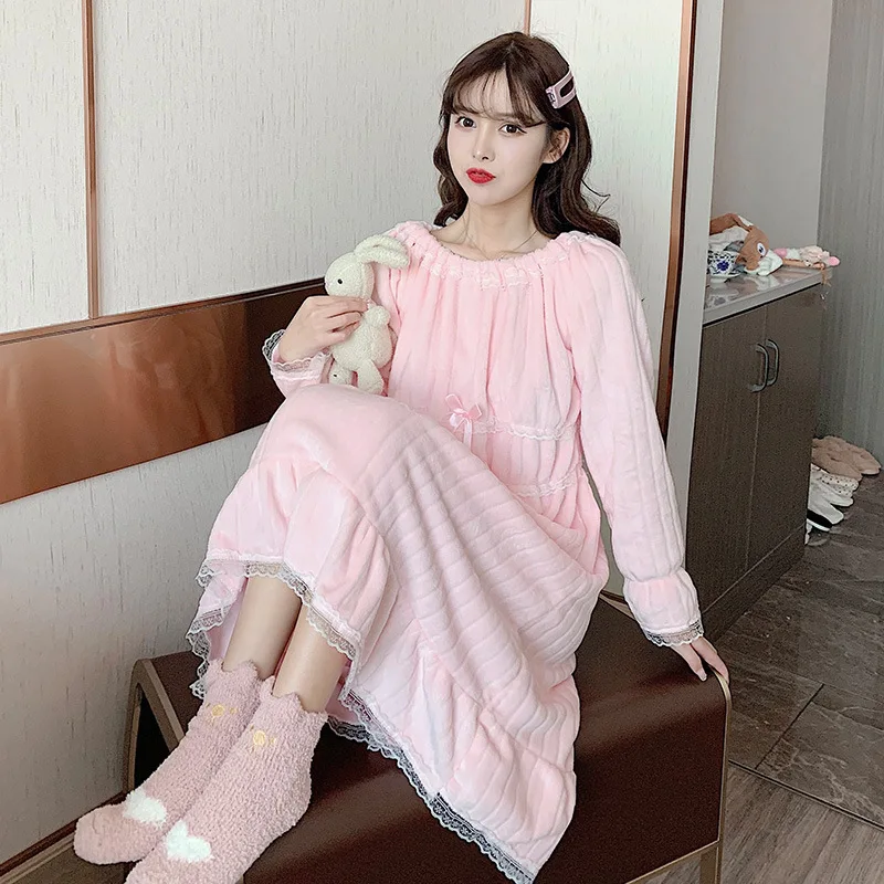 

Winter Flannel Nightwear Sweet Sleeping Night Dress Women Thick Warm Velvet Long Sleeve Kawaii Nightgown Girl Princess Sleepwear