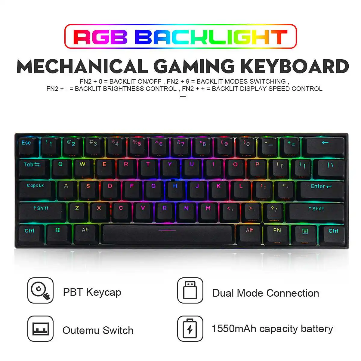 

Механическая игровая клавиатура 60% NKRO bluetooth 5.0 Type-C RGB PBT Keycap Outemu switch для механической клавиатуры