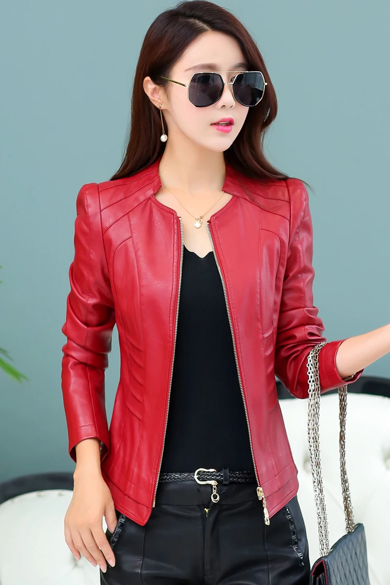 

JCHB 2021 and Autumn Spring New Leather coat women's short coat large size stand collar motorcycle large size fashion simple