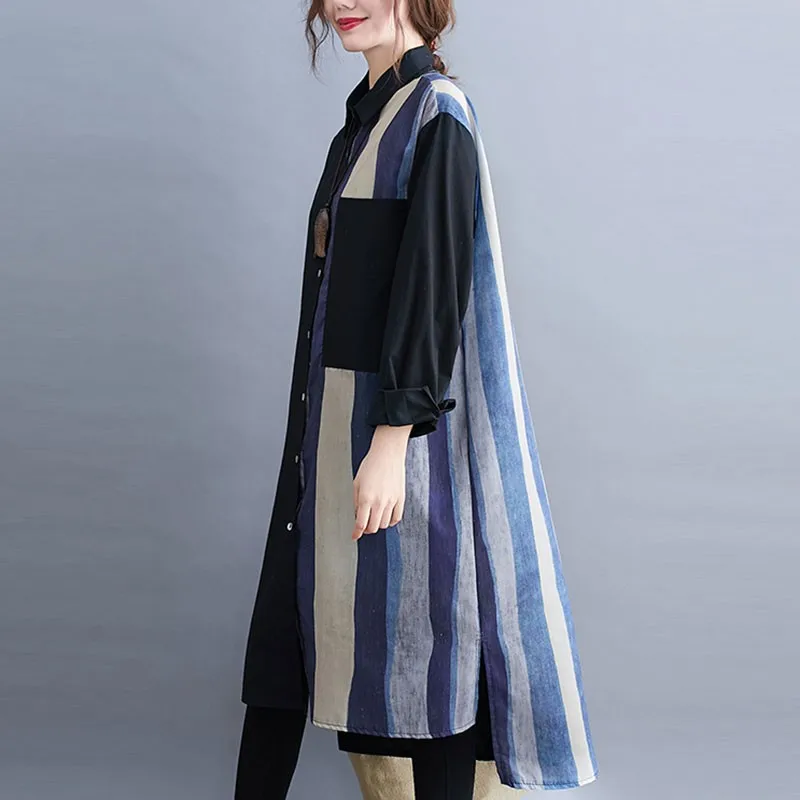 

Oversized Women Cotton Linen Long Shirts New Arrival 2020 Autumn Simple Style Patchwork Color Female Loose Casual Tops S1922