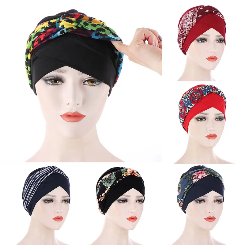 

2021 Stretchy Printed Head Bands Bonnet Forehead Cross Turban Caps Muslim Inner Hijabs Arab Head Wraps Turbans Femme Musulman