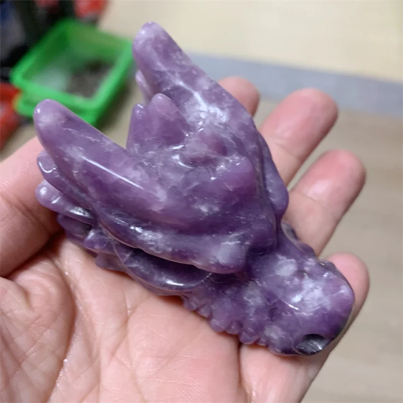 

Natural Lepidolite Crystal Handmade Carved Dragon Head Skull Polished Powerful Animal Statue for Home Decoration Gift 1pcs