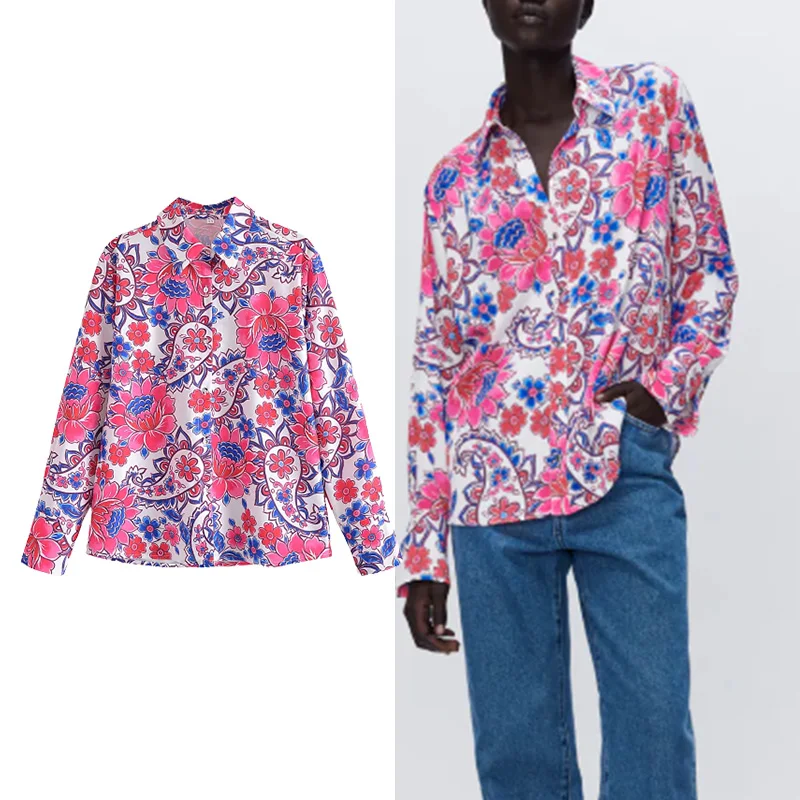 

TRAF Za 2021 Women Shirt Autum New Flower Print Shirt Women Casual Fashion Single-Breasted Shirts Woman Tops