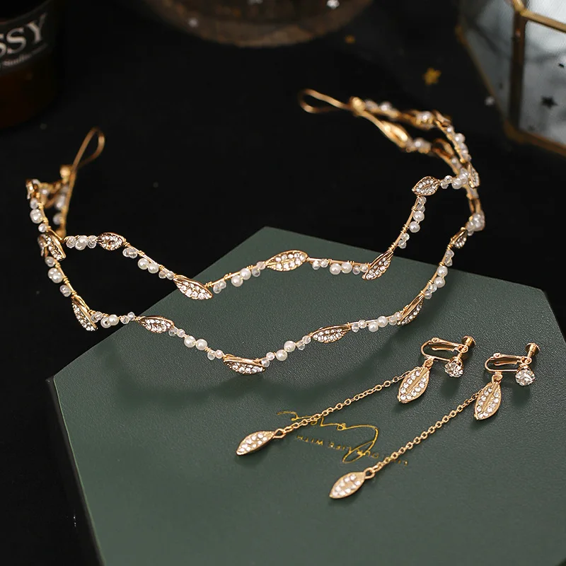 

Women Elegant Full Pearls Hairbands Sweet Gold Metal Leaf Crystal Headband Hair Bundle Lady Hair Hoops Jewelry Fashion Accessori