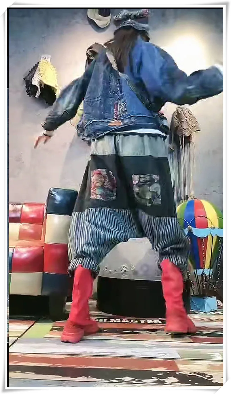 

QING MO Women Floral Patchwork Pants 2021 Women Striped Splice Cross Pants Female Personality Pants Trousers ZQY6951