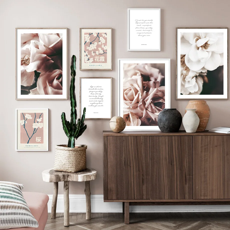 

Pink Florida Rose Flower Dahlia Quotations Wall Art Print Canvas Painting Nordic Poster Wall Picture Living Room Decoration