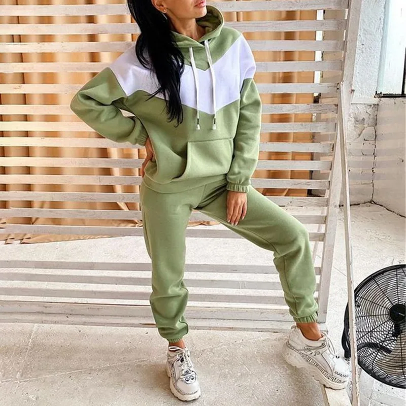 

Hoodies Two Piece Set Women Long Sleeve Patchwork Casual Pocket Pullover Suit Spring 2021 Elastic Sports Pants Female Tracksuit
