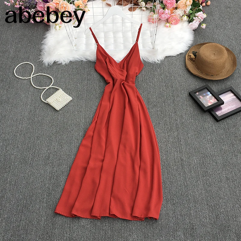 

2021 New Summer Temperament All-match V-neck sleeveless solid Dress ruched waist slim medium length Dress