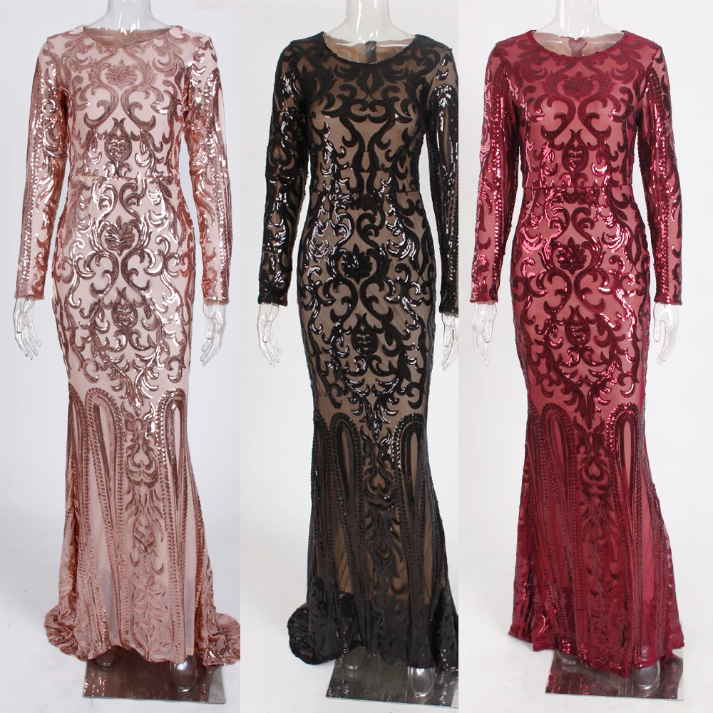 

Stretch Floor Length Lining Bodycon Burgundy Black Maxi Dress Elegant Full Sleeved O Neck Sequined Evening Party Dress