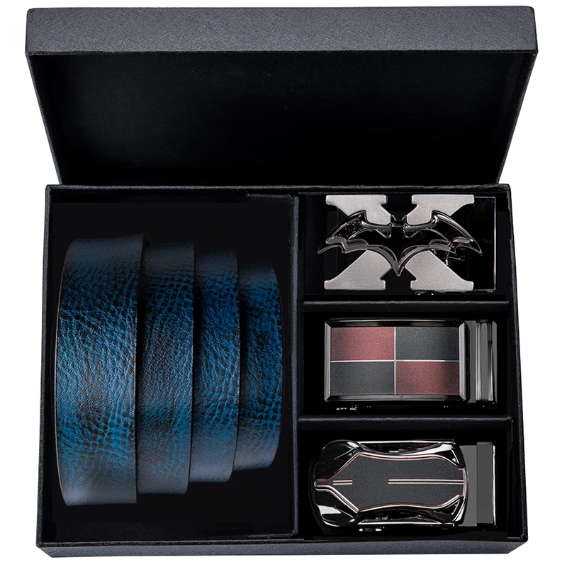 Мужской ремень из натуральной кожи модный синий с автоматической пряжкой в