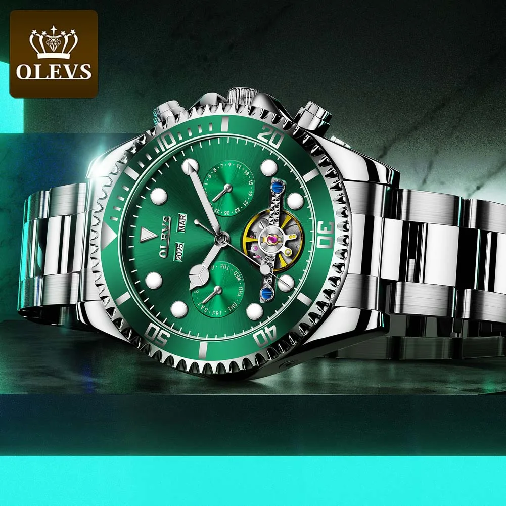 OLEVS Green Water Ghost мужские часы Топ люксовый бренд Stailness стальные автоматические