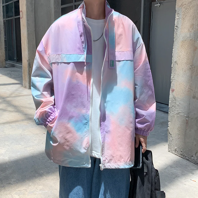 

Куртка Tie Dye в стиле Харадзюку, модная контрастная уличная одежда в Корейском стиле, весенняя куртка в стиле хип-хоп на молнии, Мужская одежда...