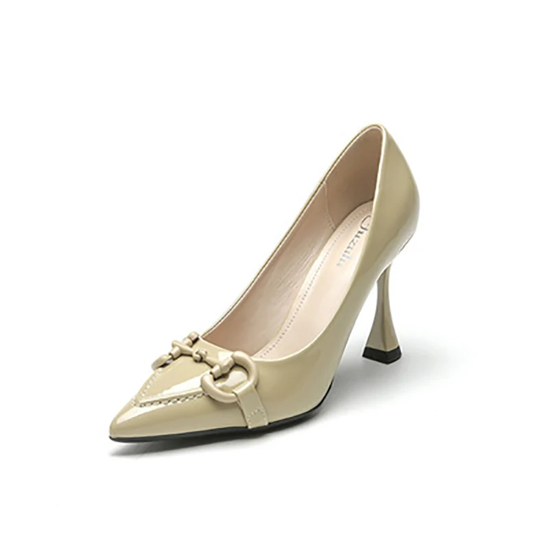 

2021 Women's High Heels Fall/winter New Horsebit Buckle Square Head Fine Heel Leather Patent Leather Cat And High Heels Women