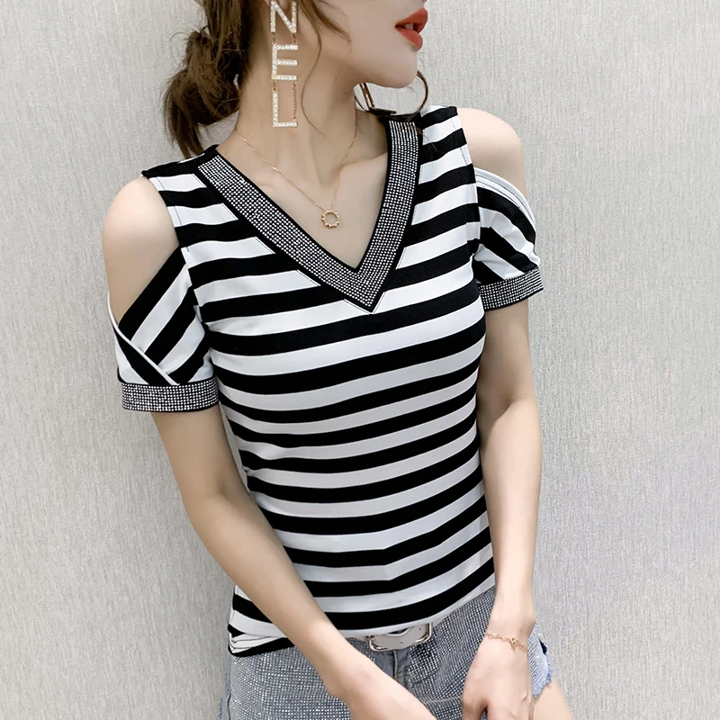 

Корейская одежда FAKUNTN, Сексуальная футболка с открытыми плечами, блестящие Женские топы с V-образным вырезом и бриллиантами, женские эластич...