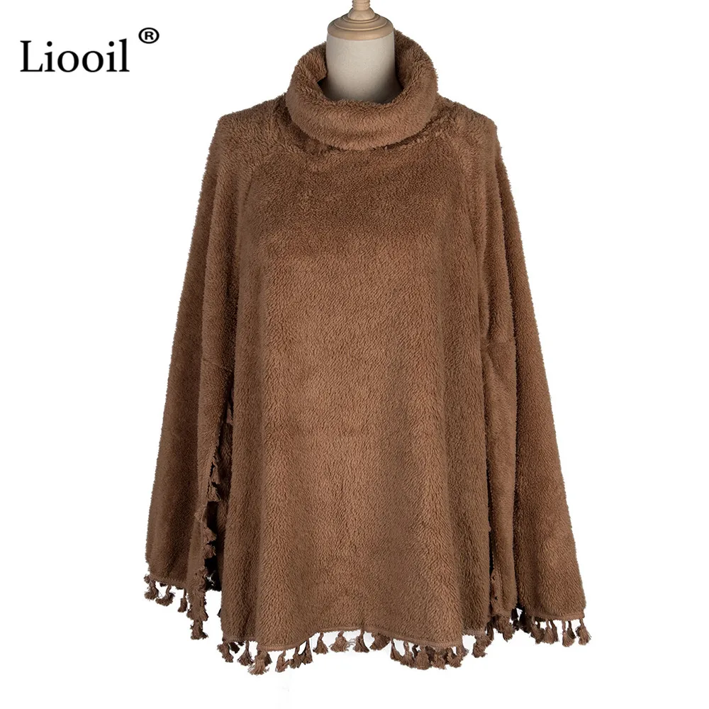 

Liooil Casual Loose Fleece Cloak Pullover with Tassel Women 2020 Patchwork Batwing Sleeve Turtleneck Female Autumn Winter Tops