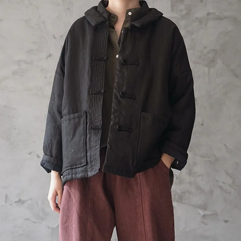 Johnature/зимнее хлопковое льняное однотонное теплое пальто с пряжкой в стиле ретро