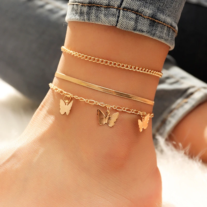 

Bohemian Gold Butterfly Chain Anklets Set For Women Girls Fashion Multi-layer Anklet Foot Ankle Bracelet Beach Jewelry