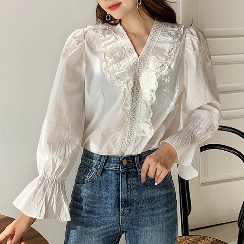 Женская винтажная белая блузка с оборками кружевная элегантная хлопковая