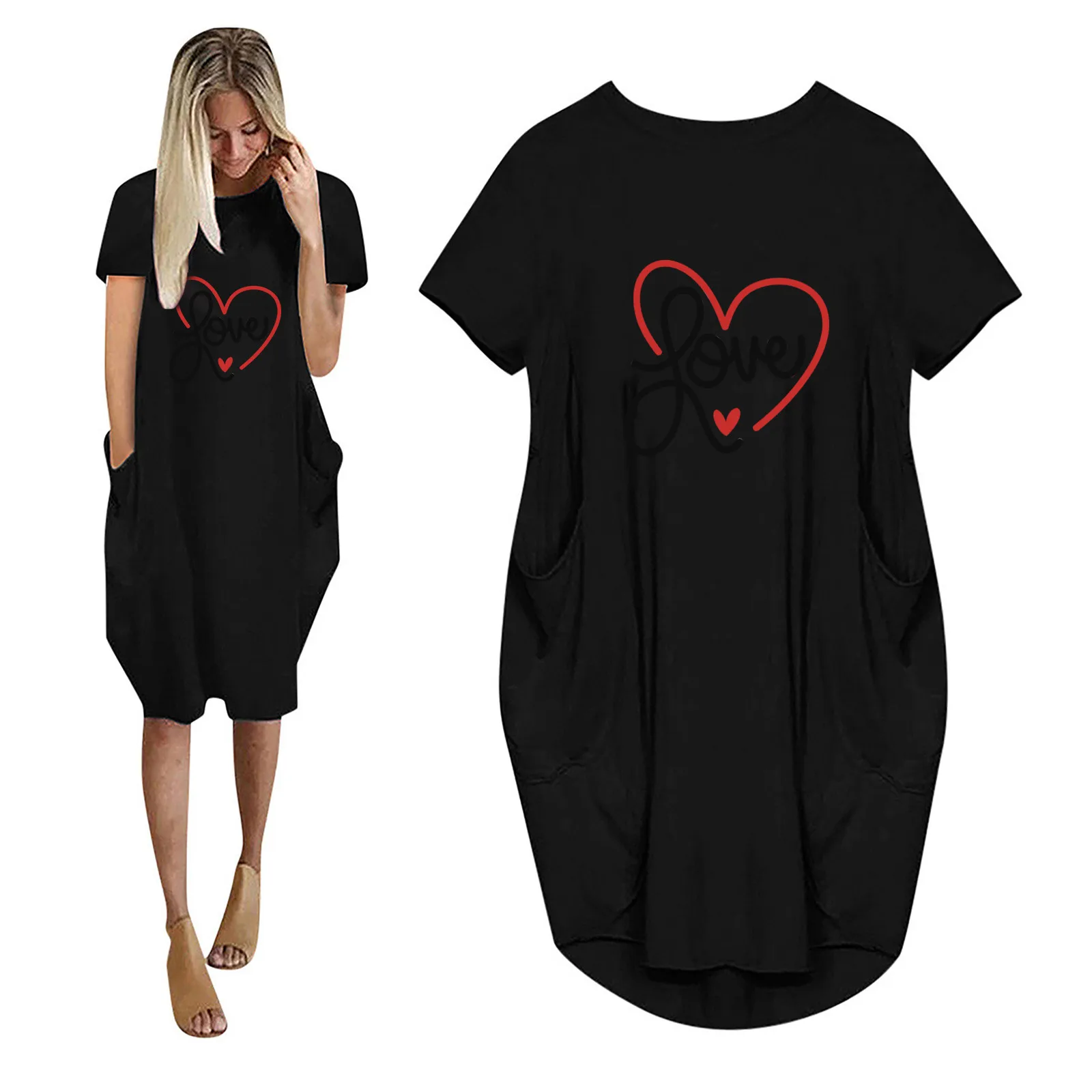 

Women's Summer Fashion Love Print Casual Short Sleeve Pocket Round Neck Dress Love Print Casual Short Sleeve Pocket Round Neck