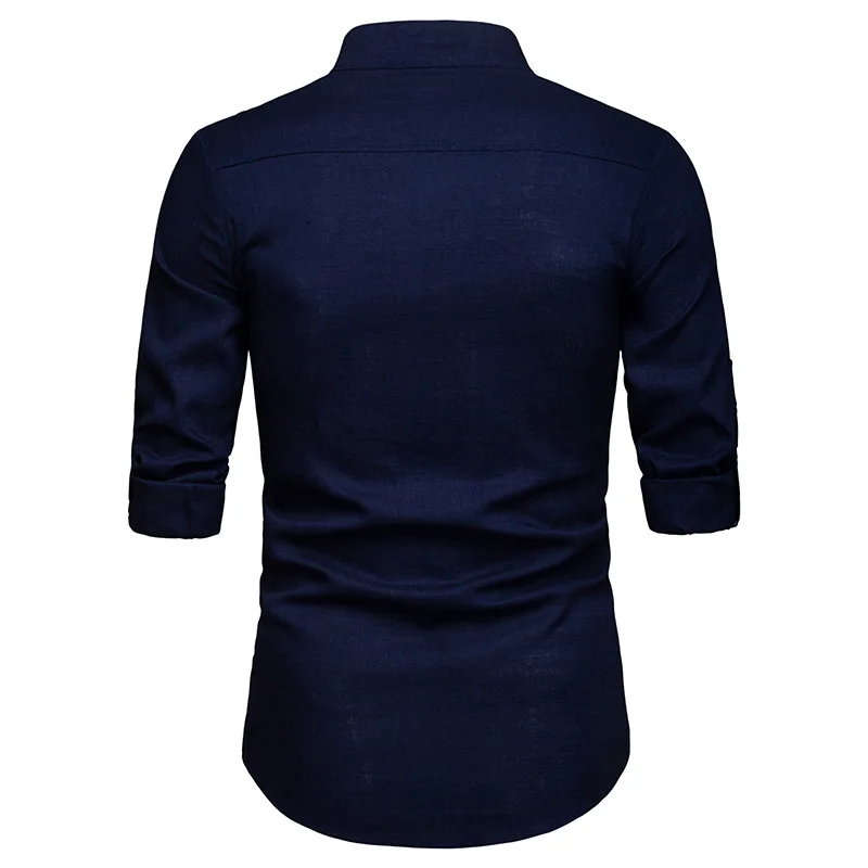 

2020 New Men's Solid Color Cotton Linen Shirt European Version Button Stand Collar Decoration Business Long-sleeved Shirt
