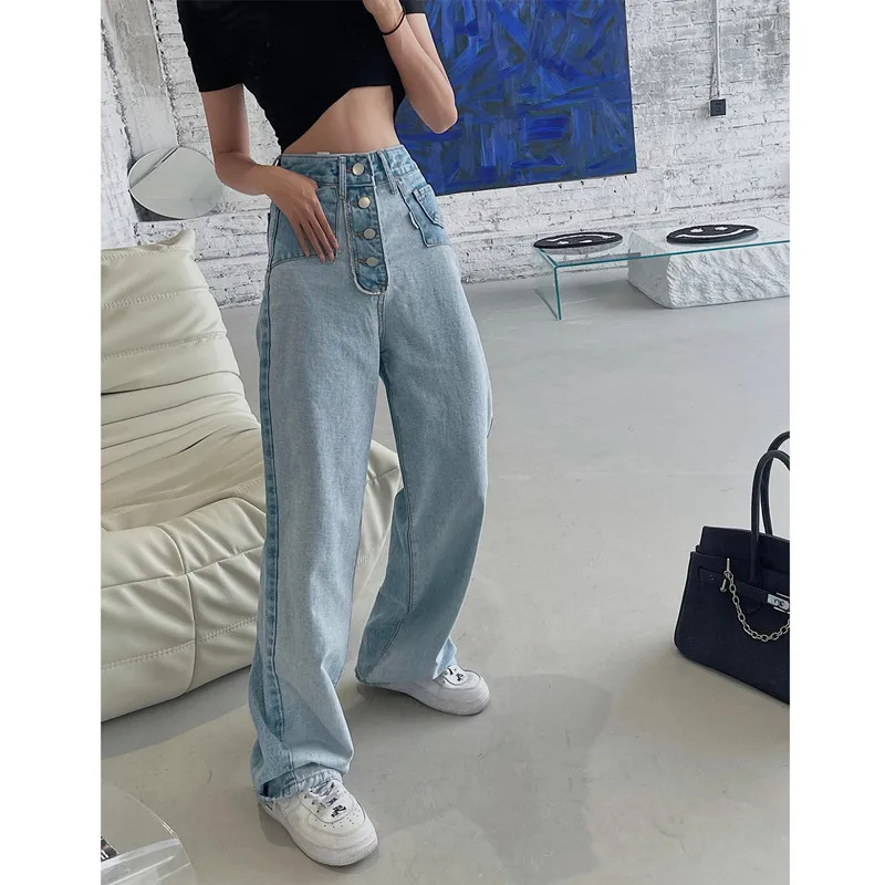

High Waist Buttons Jeans Loose Foe Women Panelled Denim Pants Y2K Wide Leg Jean Trousers Pockets Vintage Patchwork P017