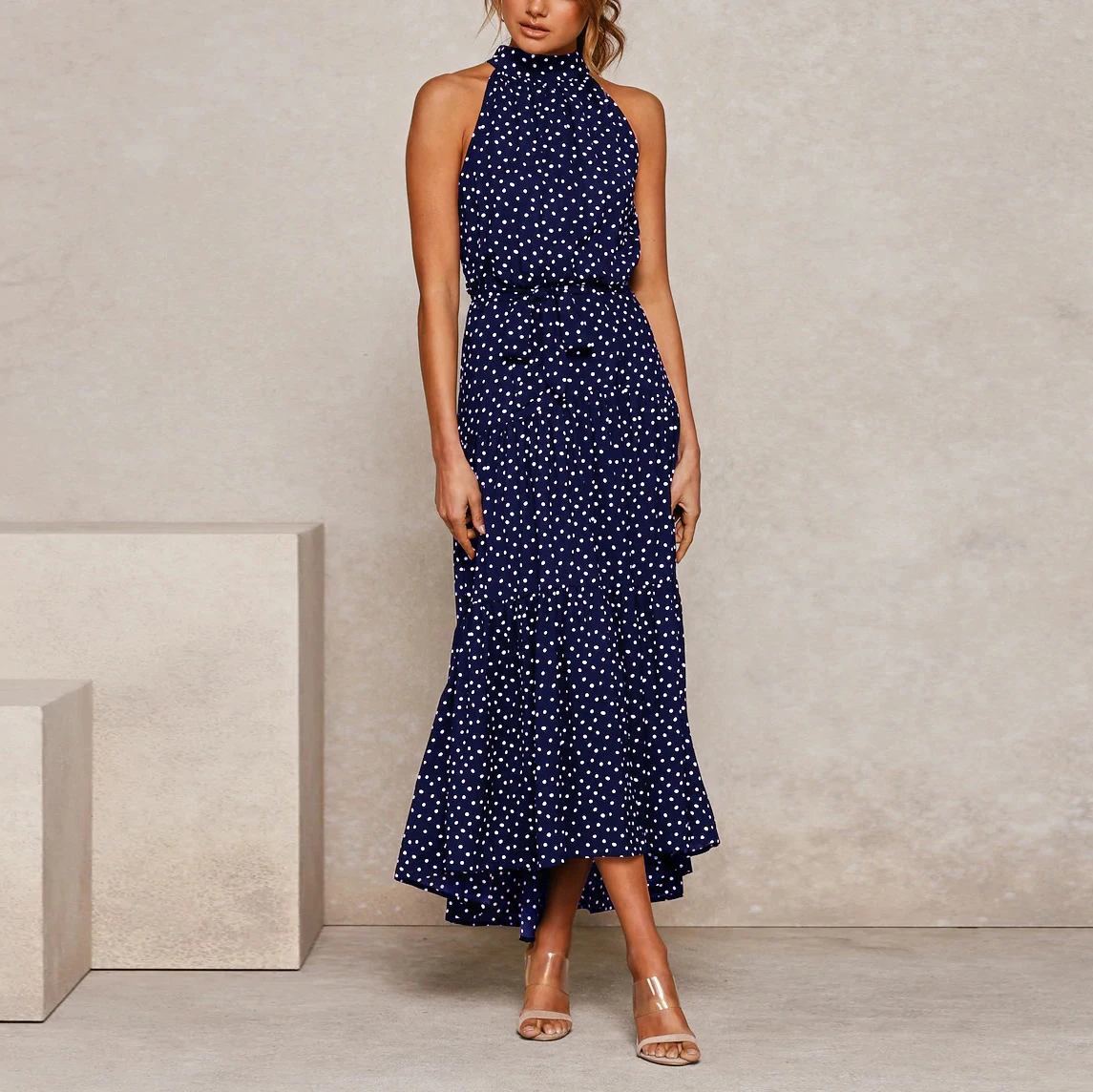 

Summer Beach Long Dress Women Print Flowers Polka-dot Strap Ladies Halter Boho Dress