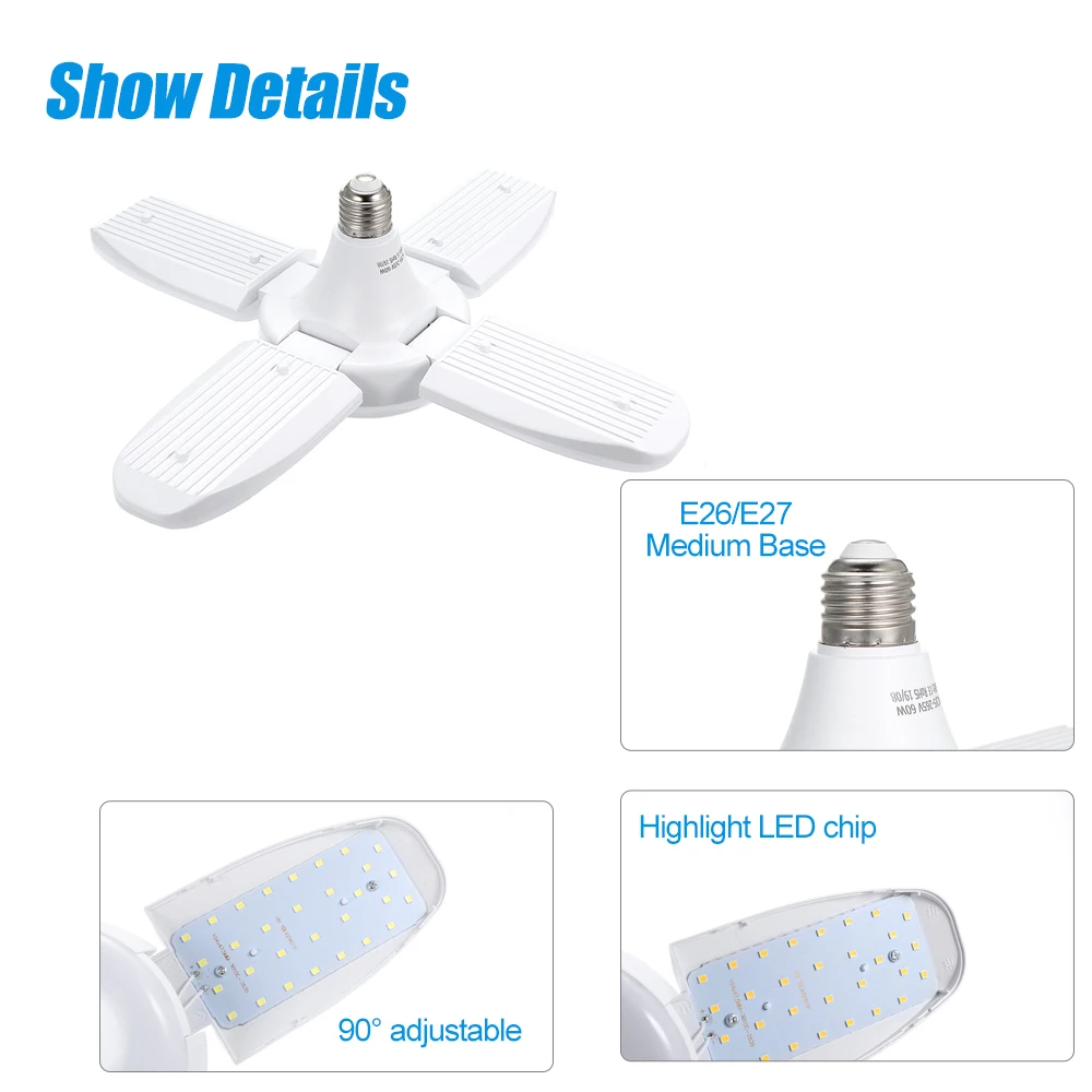 

60W 85-265V Portable LED Lamp Bulb Energy Saving Collapsible Garage Lamp Deformable Four Leaves Light Bulb E27 B22 Base