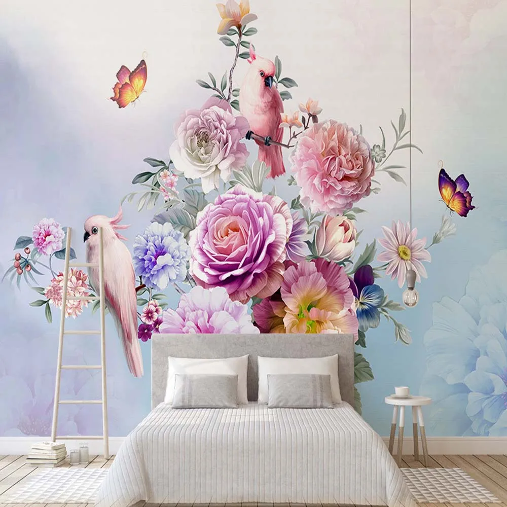 Ручная роспись винтажная роза попугай птица Фреска для гостиной спальни