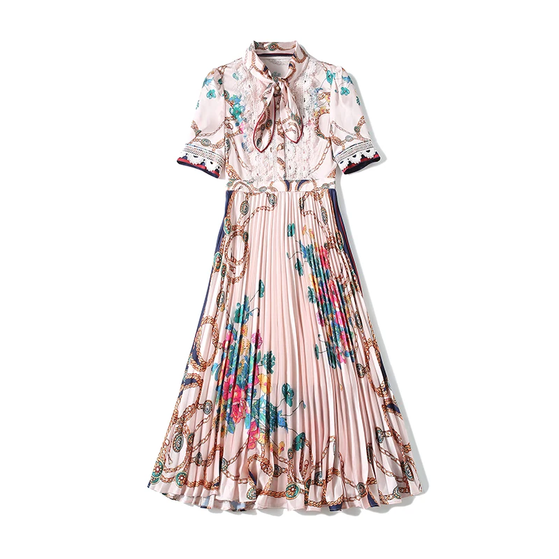 

New Autumn Runway Floral Print Bow Tie Collar Maxi Shirt Dress Vintage Long Sleeve Elastic Waist Pink Female Long Pleated Dress