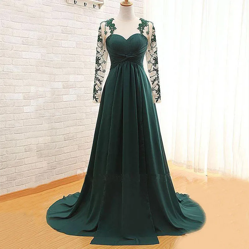 High Quality A Line Dark Green Long Sleeve Mother of the Bride Dresses Jewel Neck Appliqued Wedding Guest Gowns Keyhole Back