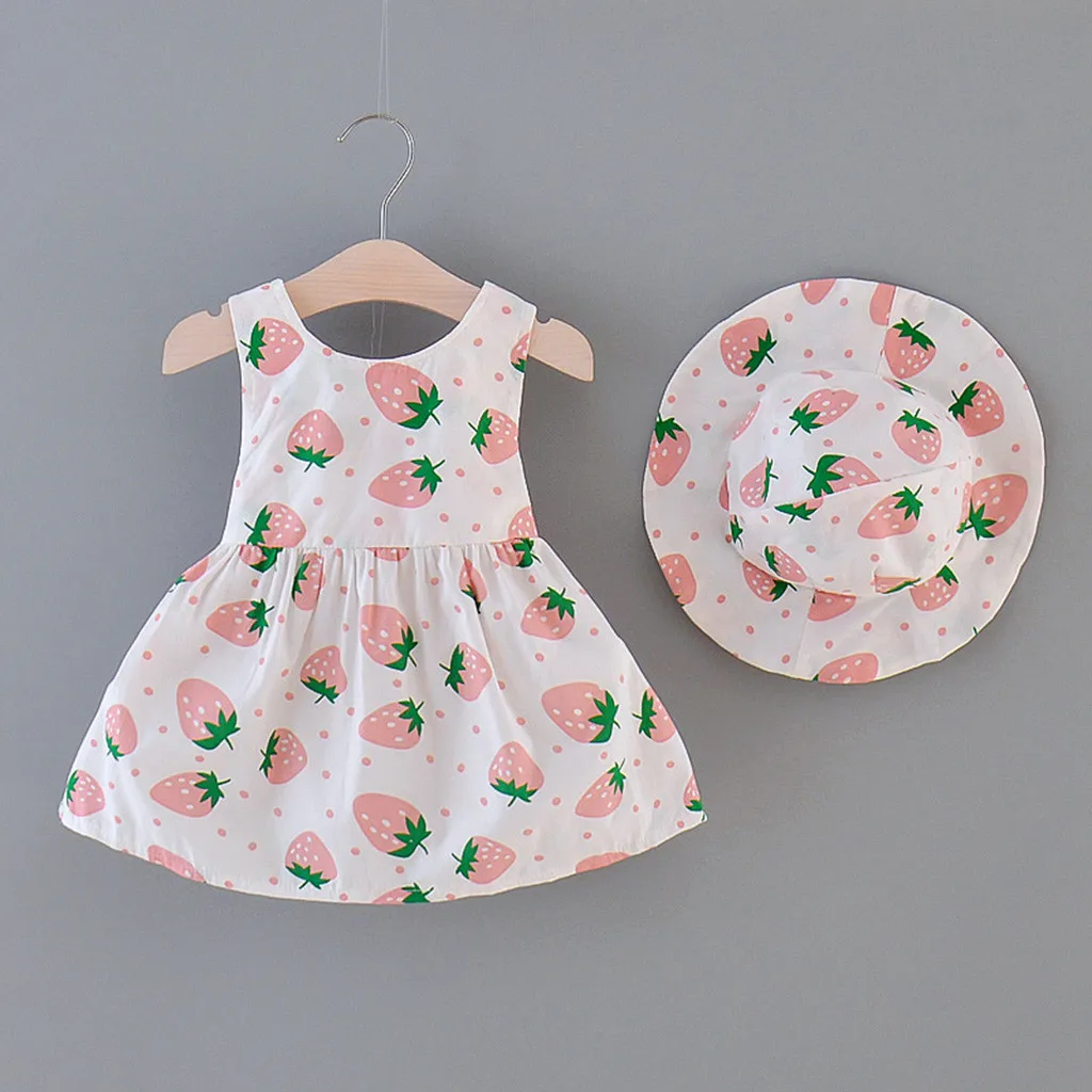 Летние платья для маленьких девочек принцессы с принтом клубники шапка наряды