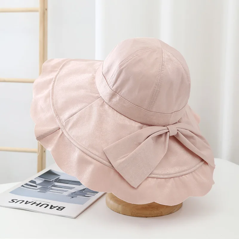 Spring Summer Ladies Dome Beach Bow Lace Sweet Fisherman Hat Theme Wide Brim Solid Color Bob Panama Hat