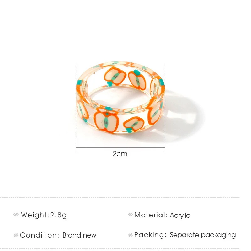 

2021 Korea Colorful Fashion Resin Ring Set Transparent Design Fruit Series Square Smiley Rings For Women Party Wedding Jewelry