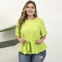 short sleeve t shirts tunics for full plus size women blouses light green bow belted ruffles casual womens blouse for summer