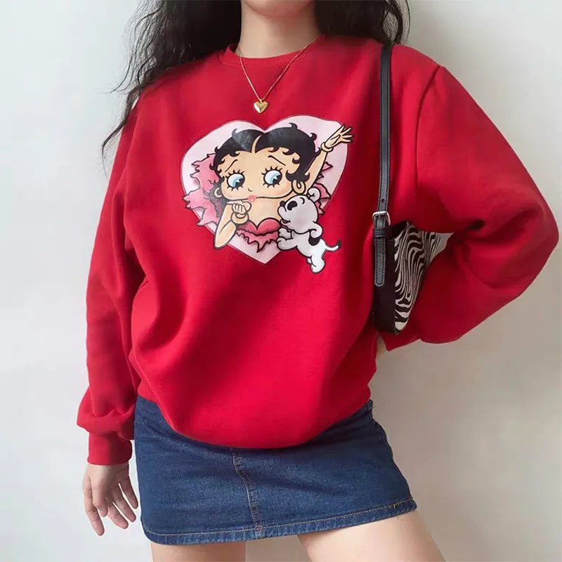 

80s 90s Vintage Cartoon Print Girl's Pullover Autumn Thick Warm Long Sleeve Hoodies Plus Size Loose Women Sweatshirts