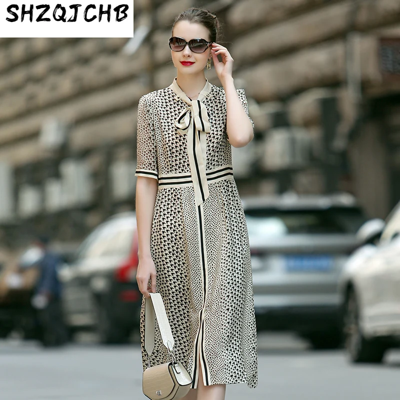 

SHZQ Silk Silk Dress Summer 2021 New Print Temperament Skirt Slim Lace Up Women's Wear