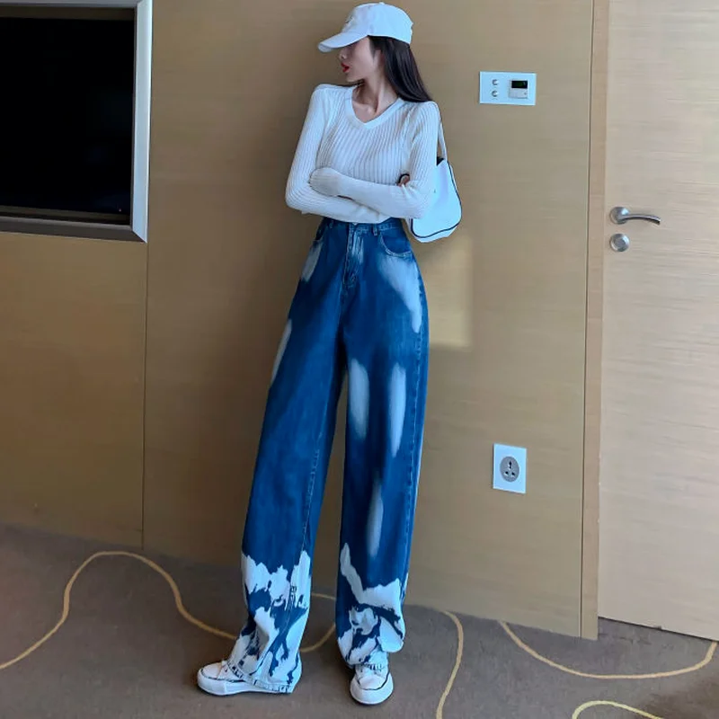 

Jeans Women Mopping Spring Baggy Tie-dye High Street Harajuku Vintage Chic Denim Female Wide Leg Casual Retro Stylish BF Trouser