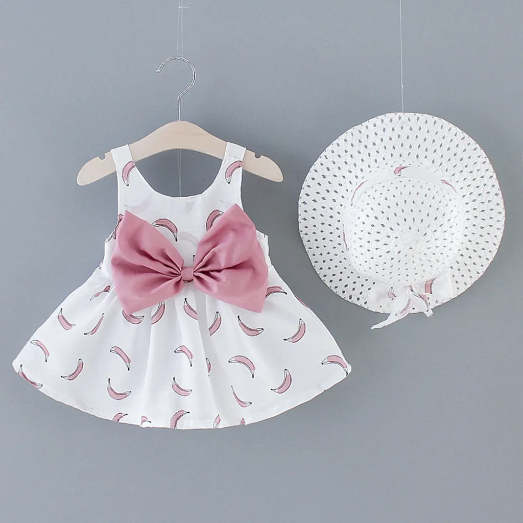 

Toddler Baby Suspender Bowknot Dress Girls Fruit Princess Dress Hat Outfits Children's Dresses 0-3Y Infantil Model Clothes Set