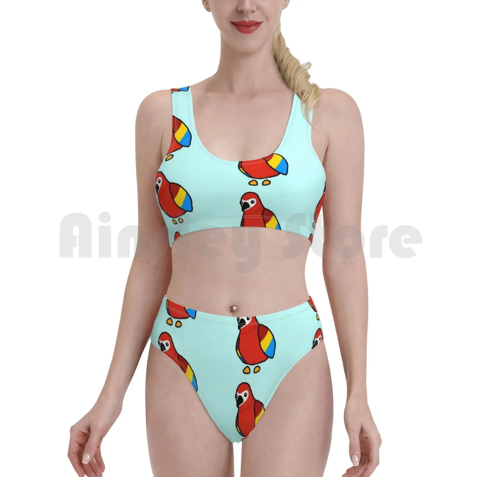 Cute Parrot Doodle Swimsuit Bikini Padded High Waist Adopt Me Parrots Kawaii Red Game | Женская одежда